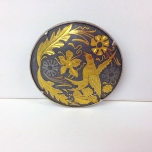 Vintage Damascene Floral Bird Brooch Boho Pin